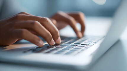 A close-up of a person's hands typing on the keyboard of a laptop computer with shallow depth-of-field focus, emphasizing the fingers and keys while blurring out other elements in the background.