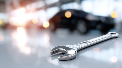 Wrench on a workbench in an auto shop during a busy day