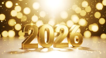 Golden 2026 number display with festive bokeh lights and sparkle