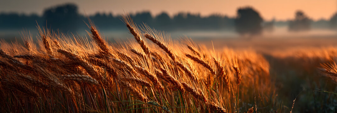 Golden Wheat Field at Sunset: Golden wheat sways gently in a field at sunset, painting a picture of tranquility, abundance, and the golden hour.