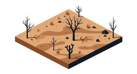 Isometric arid desert landscape with bare trees and rocks on sand