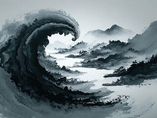 Abstract Chinese ink painting depicts black ink swirling in water, creating a dreamlike and ethereal landscape through expressive brushstrokes, negative space, and monochrome art.