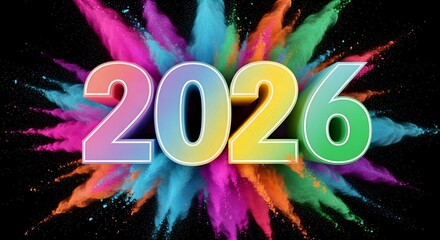 Vibrant 2026 3d text in colorful powder explosion celebration