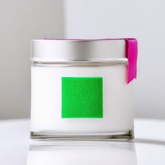 A white jar with a metallic lid, a bright green square label, and a pink ribbon tied around the lid, presented on a reflective surface.