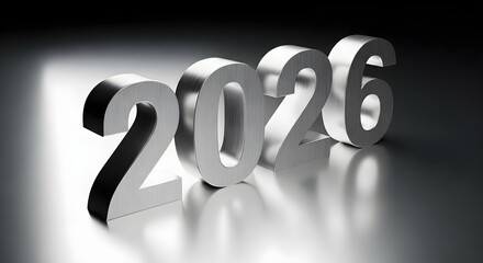 Silver metallic 2026 3d typography on a sleek reflective surface