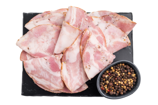 Overhead shot of premium deli meat slices (likely ham or turkey roll) ready to serve as an appetizer or luncheon.
