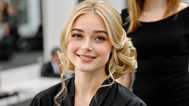 Stylish woman gets elegant hairstyle at a salon during a makeover session with a professional stylist