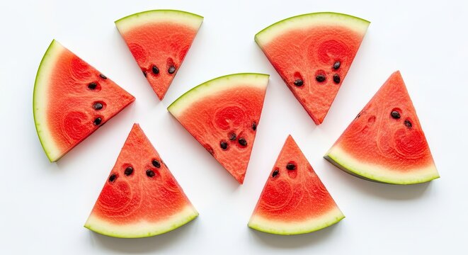 Vibrant juicy watermelon slices arranged artfully on a crisp white background, evoking summer refreshment and healthy eating for vibrant lifestyle content and advertising.