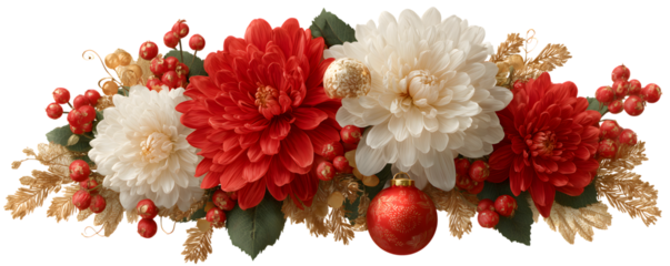 Red and white flower coner border decor PNG with gold leaves and ornaments. perfect for holiday cards, festive borders and seasonal decorations.