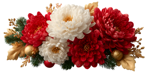 Red and white flower coner border decor PNG with gold leaves and ornaments. perfect for holiday cards, festive borders and seasonal decorations.