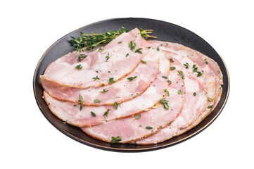 Slices of authentic Italian Pancetta Arrotolata and fresh thyme on a black plate, isolated on a clean white background.