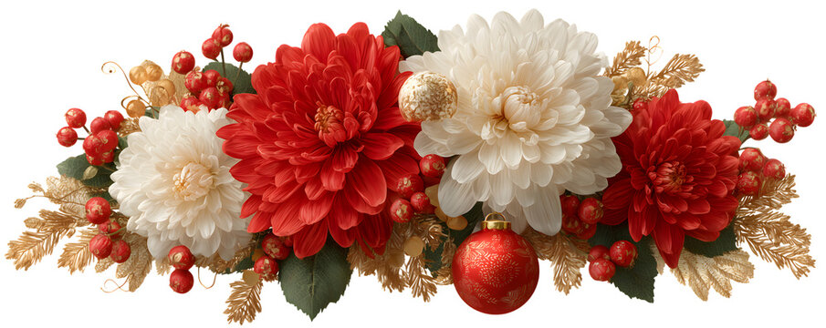 Red and white flower coner border decor PNG with gold leaves and ornaments. perfect for holiday cards, festive borders and seasonal decorations.