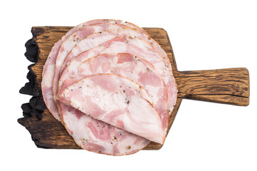 Overhead studio shot of premium deli meat (Pancetta) on a dark wooden plank. Clean white background for easy cutout.
