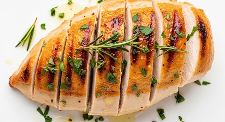 Succulent, juicy roasted chicken breast, sliced and garnished with fresh rosemary and parsley, glistening with savory juices, perfect for culinary inspiration and restaurant menus.