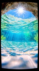 Sunlight streams through the surface of a clear, turquoise ocean, illuminating the sandy seabed and creating beautiful light rays underwater.