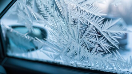 Frost patterns on a car window create intricate designs. The scene captures the beauty of winter with delicate ice crystals forming on glass.