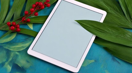 A white tablet device with a blank screen is artfully arranged with vibrant green leaves and bright red berries on a textured blue surface.