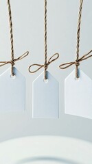 Three blank white tags are suspended by twine, each tied with a small bow, against a softly lit, neutral background.