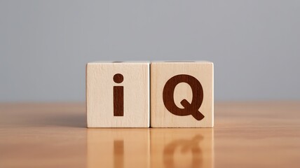 Wooden blocks displaying the letters i and q, symbolizing intelligence quotient and cognitive ability, on a neutral background, representing intellect