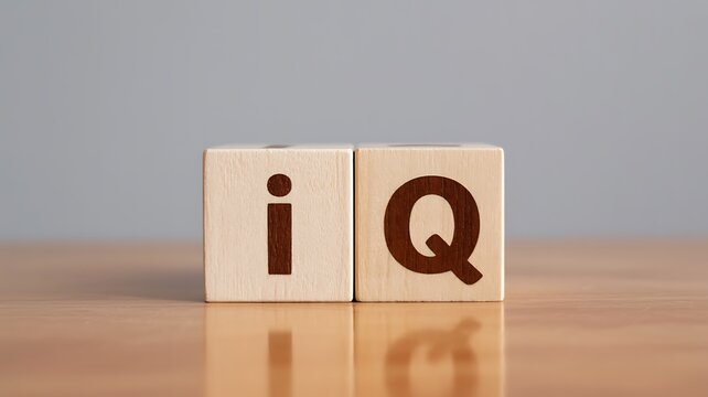Wooden blocks displaying the letters i and q, symbolizing intelligence quotient and cognitive ability, on a neutral background, representing intellect