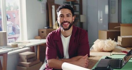 Ecommerce, face or man in office with arms crossed, pride or experience in logistics industry. Distribution, box or dispatch agent in workplace with laptop, about us or confidence in shipping sector.