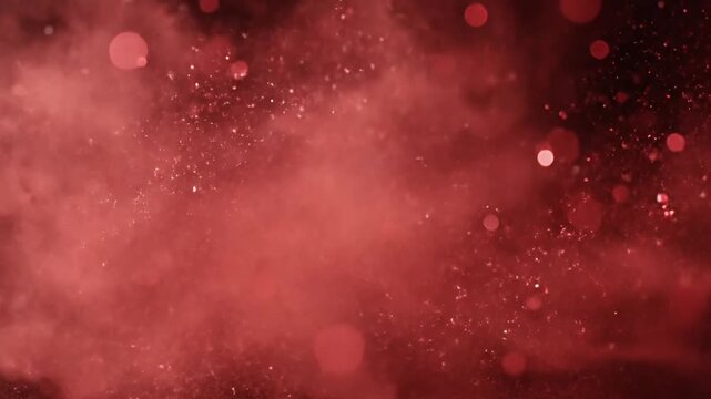 Abstract Red Particle Dust Explosion Against Black Backdrop with Light Streaks and Bokeh Effects Creating an Ethereal and Dynamic Atmosphere Optimized for Adobe Stock