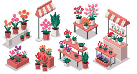 Naklejka premium Isometric flower market stalls with vibrant blooms and decorative plant arrangements