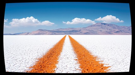A vibrant orange path stretches across a vast, cracked white salt flat towards a distant mountain range under a bright blue sky with fluffy white clouds.