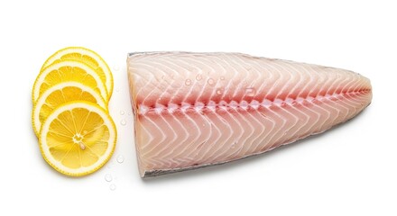 Fresh, pristine white fish fillet glistening with water droplets alongside vibrant lemon slices, ready for gourmet preparation and healthy culinary inspiration