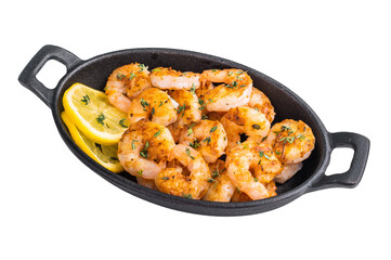 Delicious seafood appetizer: perfectly cooked prawns shrimps in a rustic cast iron dish with bright lemon wedges and thyme for a fresh, healthy meal.