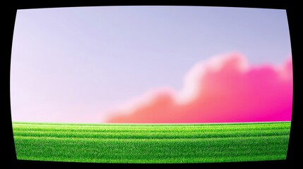 A bright green, manicured grass field stretches across the foreground under a pale purple sky with a large, soft pink cloud.