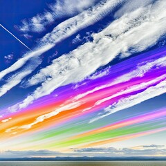 A dramatic sky features diagonal bands of clouds colored in vibrant rainbow hues, with a contrail from an airplane visible.