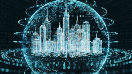 Digital cityscape forming from binary data streams and glowing particles. Illustrating concepts of technology. Artificial intelligence. Big data. Network connections. And futuristic urban development - Powered by Adobe