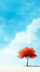 A single, vibrant red tree stands in a minimalist landscape under a bright blue sky with white clouds.