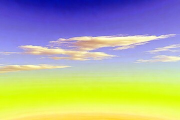 A surreal sky transitions from a bright yellow horizon to a deep blue expanse, dotted with soft, white clouds.