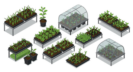 Obraz premium Isometric garden beds and greenhouse elements for modern urban gardening