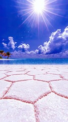 A stunning tropical landscape featuring hexagonal salt formations in the foreground, leading to a calm turquoise ocean under a brilliant sun and blue sky.
