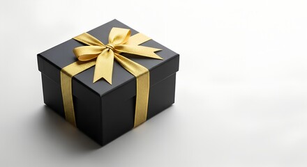 Luxurious black gift box with beautiful goldden ribbon on white background