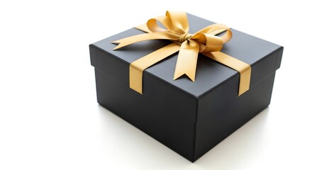 Luxurious black gift box with beautiful goldden ribbon on white background