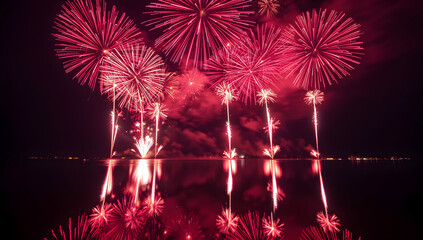 Bright Red Fireworks Reflecting Over Water at Night Celebration