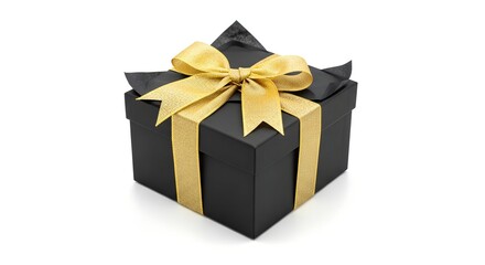 Luxurious black gift box with beautiful goldden ribbon on white background