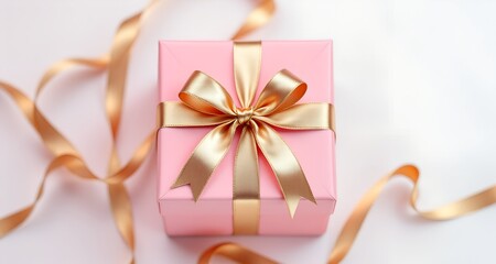 Luxurious pink gift box with beautiful goldden ribbon on white background