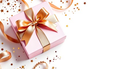 Luxurious pink gift box with beautiful goldden ribbon on white background