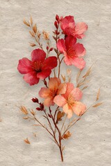Vintage watercolor cherry blossom illustration on textured paper &ndash; hand-painted red and peach floral bouquet, botanical art print for decor and design