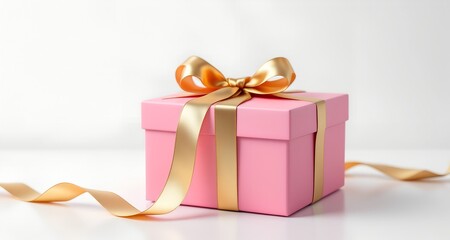 Luxurious pink gift box with beautiful goldden ribbon on white background