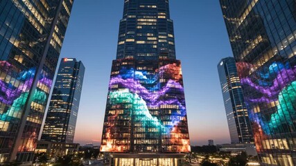 Cityscape illuminating urban architecture with vibrant digital art projections of stars on glass facades, reflecting the dynamic light display at dusk in a modern financial district - Powered by Adobe