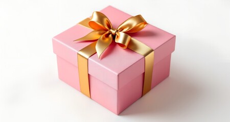 Luxurious pink gift box with beautiful goldden ribbon on white background