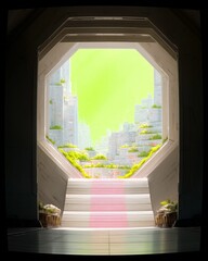 A view through a modern doorway reveals a cityscape with tiered buildings covered in vibrant green vegetation under a bright, neon-green sky.