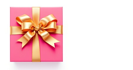 Luxurious pink gift box with beautiful goldden ribbon on white background