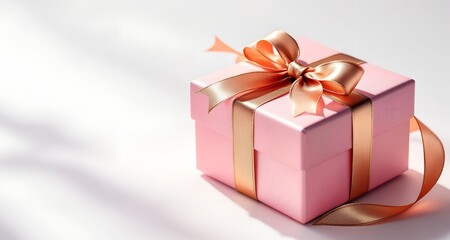 Luxurious pink gift box with beautiful goldden ribbon on white background